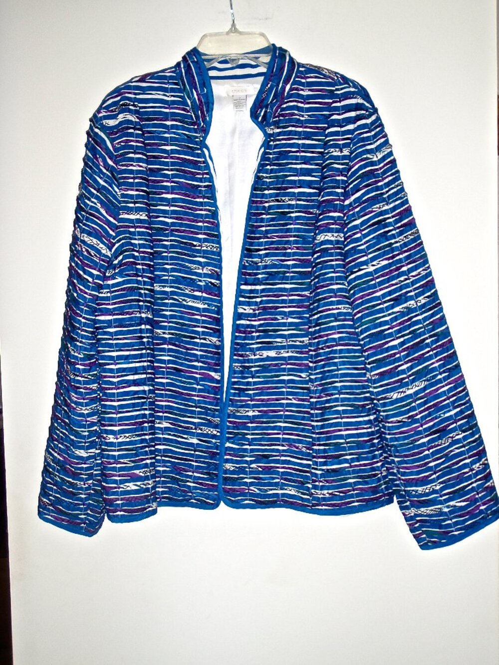CHICO'S WOMENS BLUE, PURPLE & WHITE LINED POLYESTER JACKET SIZE 2 (US SIZE 12)